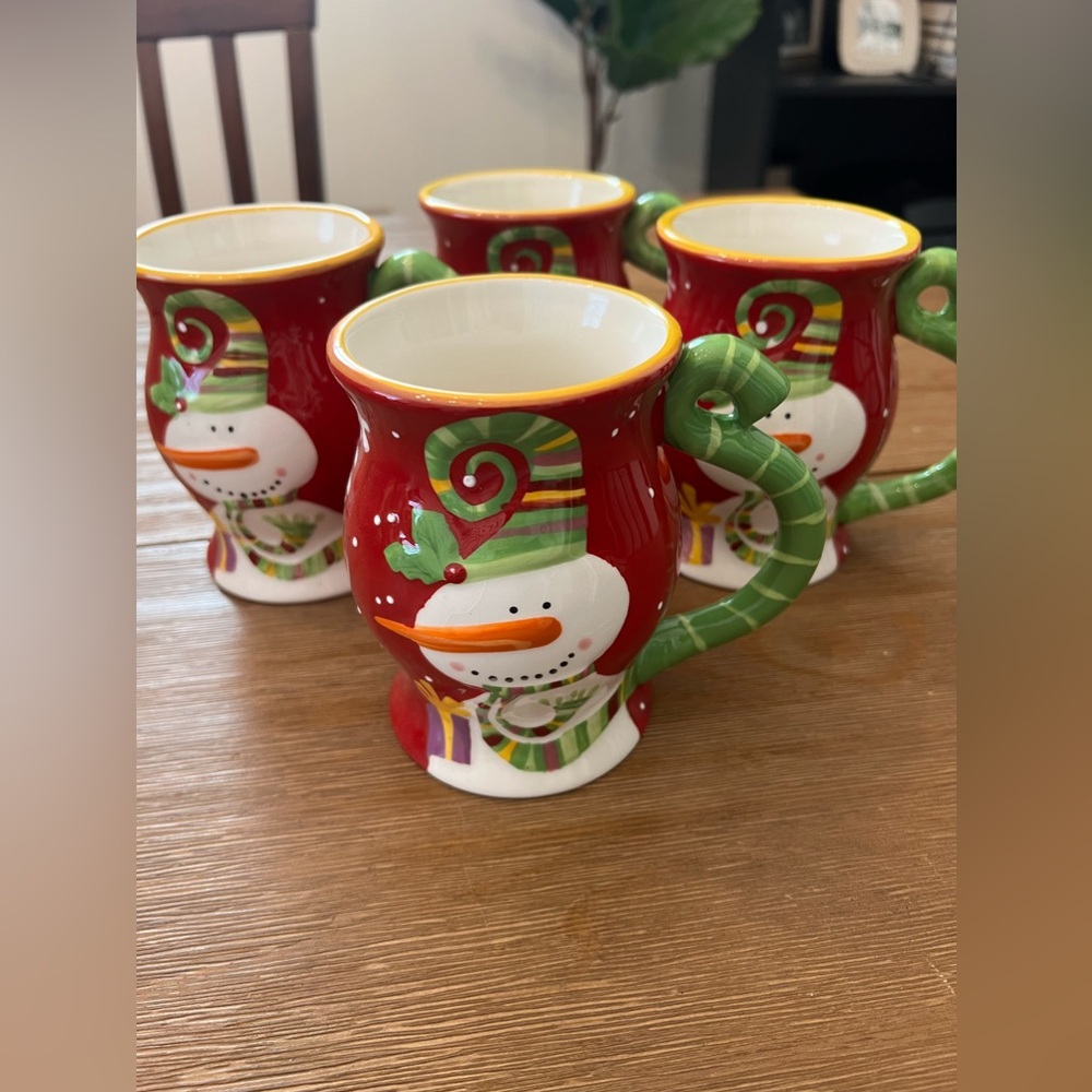 Pier 1 Imports Snowman Christmas Mugs Holly Jolly Holiday Red Set Of 4